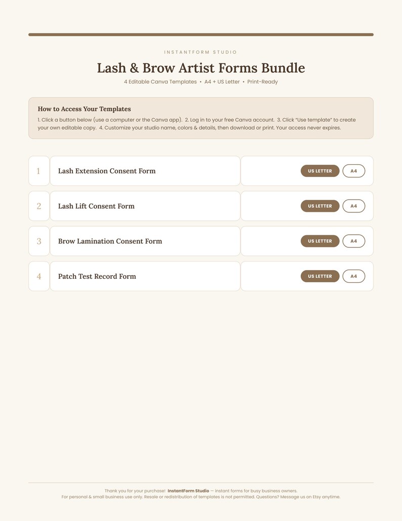 Lash and brow forms bundle contents page showing all 4 editable Canva templates with A4 and US Letter access links, instant download.