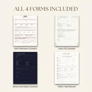 All 4 forms in the lash tech bundle: lash extension consent, lash lift consent, brow lamination consent, and patch test record, editable Canva templates.