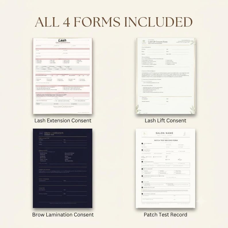 All 4 forms in the lash tech bundle: lash extension consent, lash lift consent, brow lamination consent, and patch test record, editable Canva templates.
