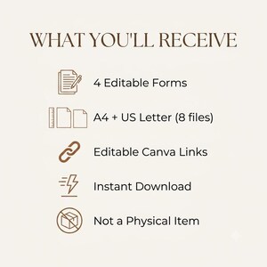 What you'll receive graphic: 4 editable lash and brow forms, A4 and US Letter sizes with 8 files, editable Canva links, instant digital download.