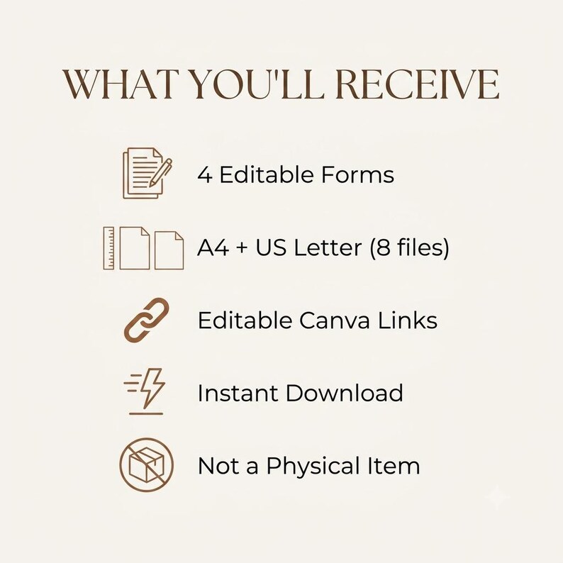 What you'll receive graphic: 4 editable lash and brow forms, A4 and US Letter sizes with 8 files, editable Canva links, instant digital download.