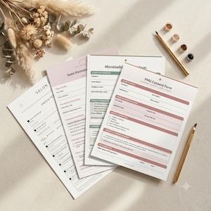 May include: A set of printed paper forms for permanent makeup services, including a PMU Consent Form, Microblading Client Form, and Salon Patch Test form. The documents feature black text on white paper with soft pink and sage green accents.