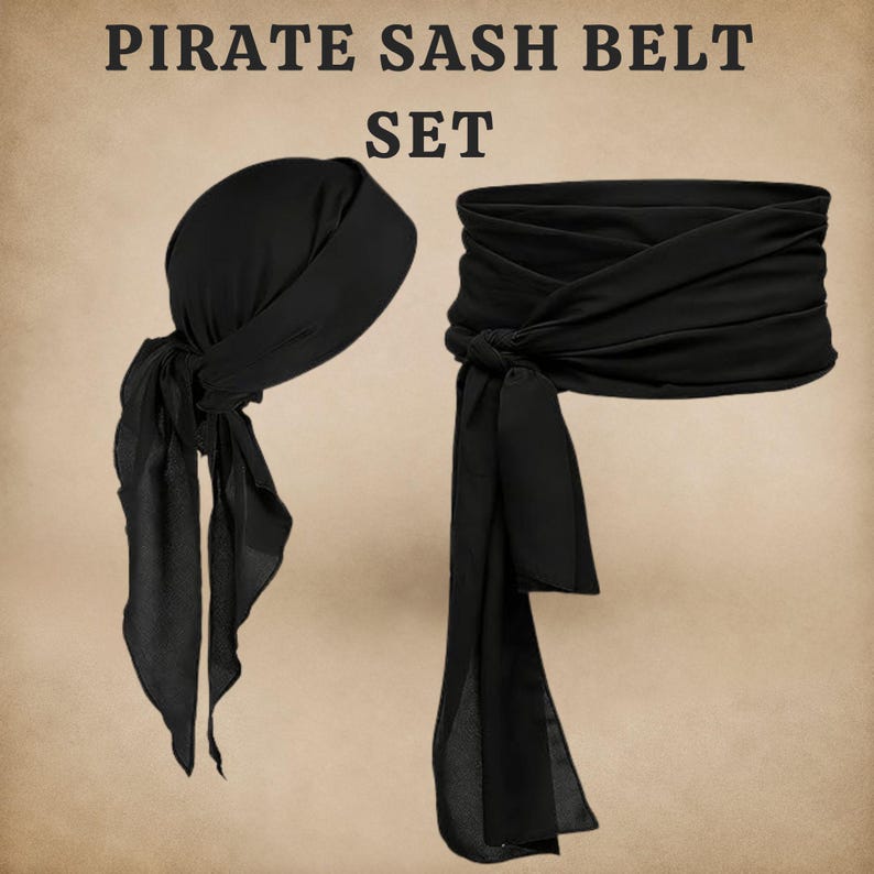 Conjunto de disfraz medieval de pirata, riñonera de cuero vegano, pañuelo para la cabeza, fajín, bolsa de cosplay. BLK- Pirate Sash-Set