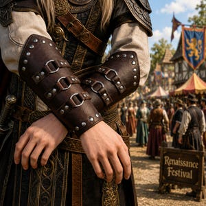 May include: Dark brown leather bracers featuring silver-toned metal rivets and circular rings, worn over a cream-colored long-sleeved tunic and a dark patterned vest. The attire includes a leather belt with a buckle and ornate shoulder armor.