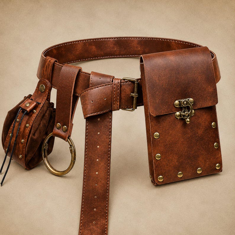 Puede incluir: Un cintur&oacute;n marr&oacute;n que incluye una bolsa rectangular con cierre color lat&oacute;n y remaches met&aacute;licos, una bolsa m&aacute;s peque&ntilde;a y redondeada con cierre de cord&oacute;n, y una anilla grande color lat&oacute;n sujeta a una correa. El cintur&oacute;n tiene hebilla met&aacute;lica.
