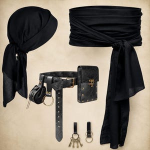 Conjunto de disfraz medieval de pirata, riñonera de cuero vegano, pañuelo para la cabeza, fajín, bolsa de cosplay. BLK- Complete- Set
