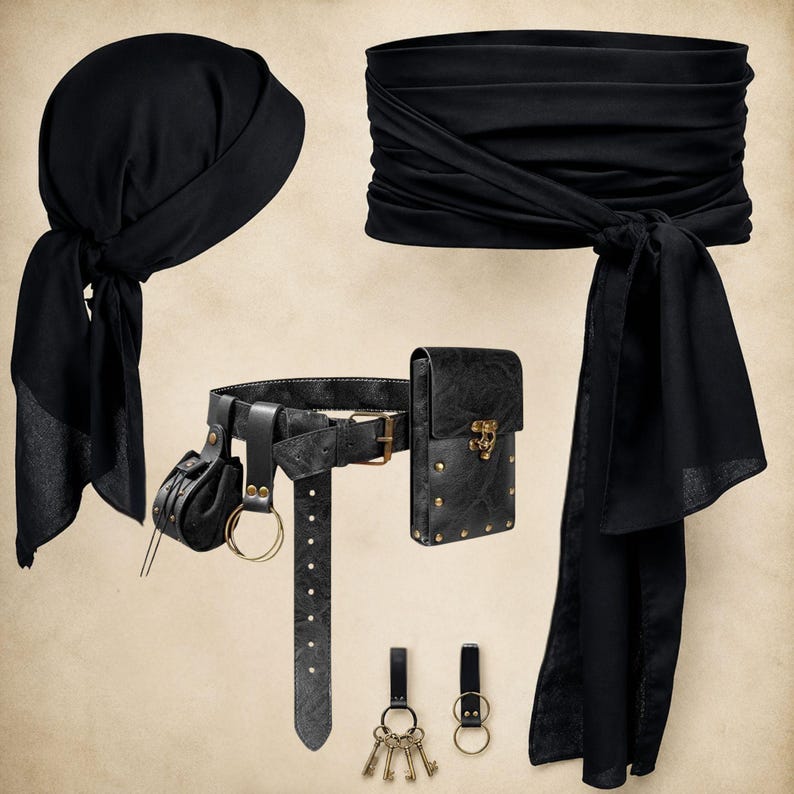 Conjunto de disfraz medieval de pirata, riñonera de cuero vegano, pañuelo para la cabeza, fajín, bolsa de cosplay. BLK- Complete- Set