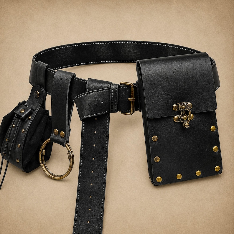 Puede incluir: Un cintur&oacute;n utilitario de cuero negro con una bolsa rectangular con cierre de lat&oacute;n, una bolsa peque&ntilde;a redonda con tachuelas de lat&oacute;n y una anilla grande de lat&oacute;n. El cintur&oacute;n se asegura con una hebilla de lat&oacute;n y una correa larga con agujeros.