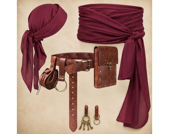 Pirate Medieval Costume Set, Vegan Leather Belt Pouch, Head Scarf, Waist Sash, Cosplay Bag