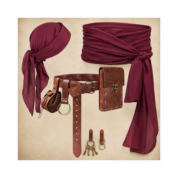 Pirate Medieval Costume Set, Vegan Leather Belt Pouch, Head Scarf, Waist Sash, Cosplay Bag
