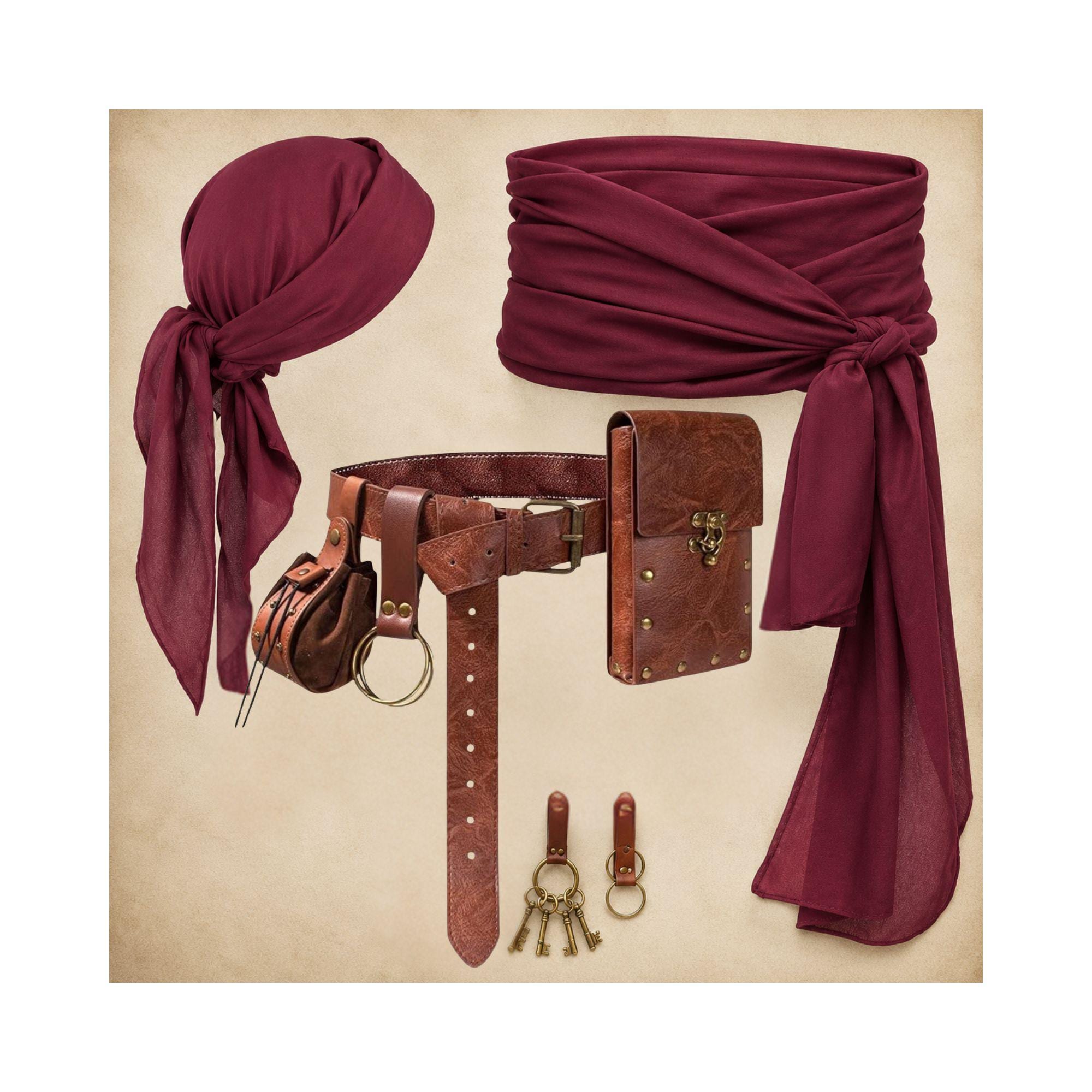 Pirate Medieval Costume Set, Vegan Leather Belt Pouch, Head Scarf, Waist Sash, Cosplay Bag