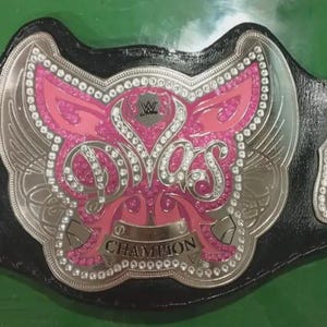 Könnte beinhalten: Ein WWE Divas Championship Gürtel mit einem schwarzen Lederriemen und einer großen silbernen Mittelplatte mit rosa Akzenten und eingebetteten klaren Kristallen. Die Mittelplatte zeigt das Wort Divas und das Wort Champion sowie zwei kleinere Seitenplatten.