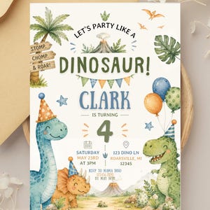 Dinosaur Birthday Invitation, Watercolor Dino Party Invite, Editable Canva Template (Digital Download)