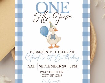 Silly Goose First Birthday Invitation Template | Blue Gingham Boy Party (Digital Download)