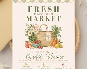 Fresh Off The Market Bridal Shower Invitation, Farmers Market Theme, Editable Canva Template (Digital Download)