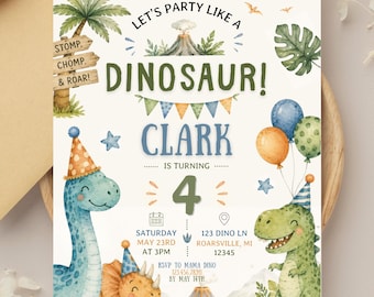 Dinosaur Birthday Invitation, Watercolor Dino Party Invite, Editable Canva Template (Digital Download)
