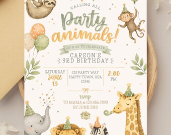 Party Animals Birthday Invitation | Jungle Safari Zoo Theme (Digital Download)