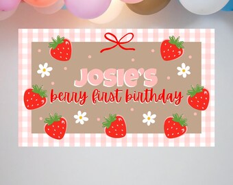 Strawberry Berry First Birthday Banner | Pink Gingham Editable Canva Template (Digital Download)