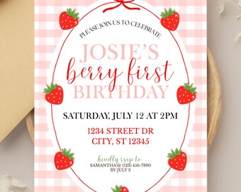 Strawberry Berry First Birthday Invitation | Pink Gingham Editable Party Invite (Digital Download)