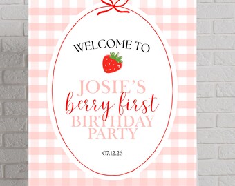 Strawberry Berry First Birthday Welcome Sign | Pink Gingham Party (Digital Download)