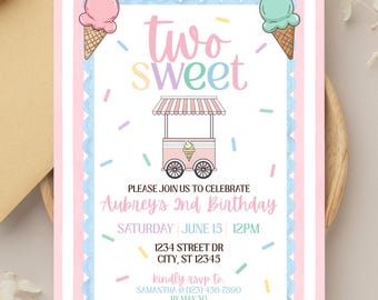 Two Sweet Birthday Invitation | Ice Cream Second Birthday Party Invite (Digital Download)
