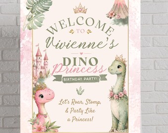 Dino Princess Birthday Welcome Sign | Pink Dinosaur Party Decor (Digital Download)
