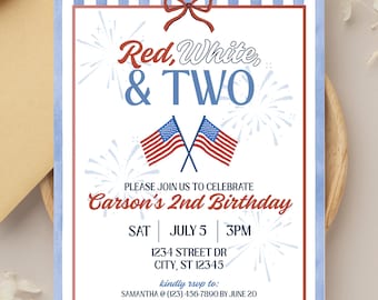 Red White & Two Birthday Invitation | Second Birthday Party Invite (Digital Download)