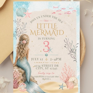 Coastal Little Mermaid Birthday Invitation Template | Editable Under the Sea Invite | Beach Mermaid Party Canva Template (Digital Download)