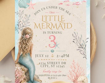 Coastal Little Mermaid Birthday Invitation Template | Editable Under the Sea Invite | Beach Mermaid Party Canva Template (Digital Download)