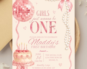 Girls Just Wanna Be One Invitation | Pink Disco Ball First Birthday Invite (Digital Download)
