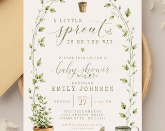 Little Sprout Baby Shower Invitation Template, Editable Canva Invite, Garden Baby Shower, Neutral Baby Shower Invite (Digital Download)