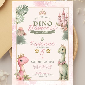 Dino Princess Birthday Invitation Template | Pink Dinosaur Party Invite | Editable Canva Invitation (Digital Download)
