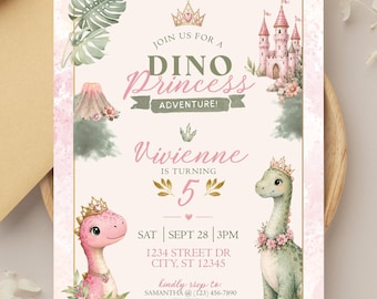 Dino Princess Birthday Invitation Template | Pink Dinosaur Party Invite | Editable Canva Invitation (Digital Download)