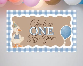 Silly Goose First Birthday Banner Template | Blue Gingham Party Decor (Digital Download)
