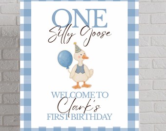 Silly Goose First Birthday Welcome Sign Template | Blue Gingham Party Decor (Digital Download)