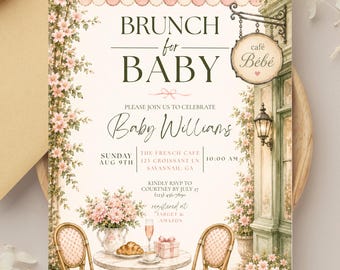 Brunch for Baby Invitation, Parisian Baby Shower Invite, French Cafe Baby Brunch, Editable Canva Template, Pink Floral (Digital Download)