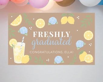Freshly Graduated Banner Template (60x36 & 72x24) | Blue Hydrangea Lemon Grad Party Sign | Editable Canva Banner (Digital Download)