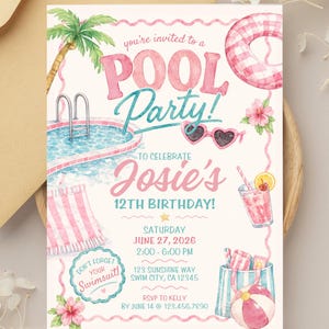 Pool Party Birthday Invitation Template | Tween Pink Summer Pool Party Invite | Editable Canva Template (Digital Download)