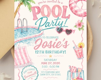 Pool Party Birthday Invitation Template | Tween Pink Summer Pool Party Invite | Editable Canva Template (Digital Download)