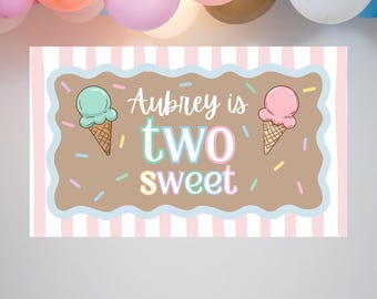 Two Sweet Birthday Banner | Ice Cream Second Birthday Editable Canva Template (Digital Download)