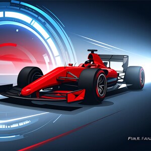 Puede incluir: Ilustración de un coche de carreras de Fórmula 1 rojo con neumáticos negros y elementos aerodinámicos. El fondo tiene un diseño digital azul y blanco. El texto "FURR. FANATY" es visible.