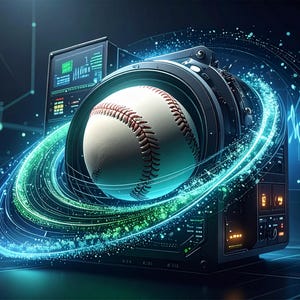 May include: A baseball with red stitching is at the centre of a futuristic, metallic device. The image has a dark background with glowing blue and green lines, suggesting data analysis or digital technology. A screen displays data.
