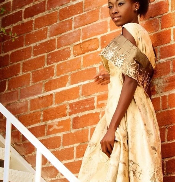 Royal Gold Dress with Asian Motif Print