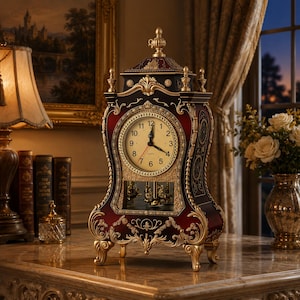 May include: A mantel clock featuring a deep red and black finish with ornate gold-tone scrollwork accents. The clock face has black Arabic numerals and a cream-colored background. A gold-tone finial sits atop the clock, which stands on four feet.
