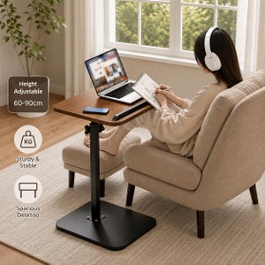 May include: A height-adjustable side table with a dark wood-grain rectangular top and a black metal base. The table features a vertical support post with a knob for adjustment, clearly labeled as height adjustable from 60-90cm on the product.