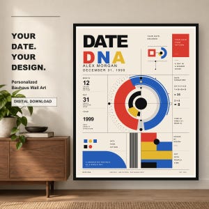 Puede incluir: Un póster de pared enmarcado de estilo Bauhaus titulado DATE DNA con la fecha 31 de diciembre de 1999. El diseño gráfico utiliza un fondo crema con formas geométricas, gráficos y elementos de texto en rojo, azul, amarillo y negro.