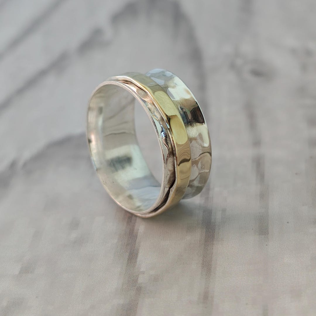 Hammered Sterling Silver Spinner Ring, Mixed Metal Boho Fidget Band - Etsy
