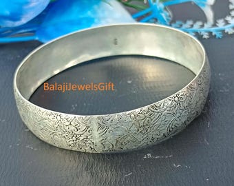 925 sterlingsilver blommigt manschettarmband | Bred graverad armring, hantverkssmycken oxiderade handgjorda smycken unisexsmycken