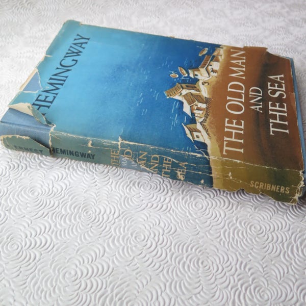 Ernest Hemingway The Old Man and The Sea Hardcover 1952 Edition Blue Cloth Binding Scribner's Dust Jacket Classic Literature Modern Novel