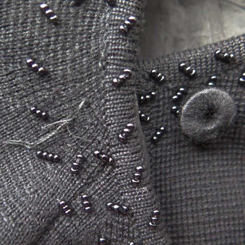 Vintage Black Beaded Wool Cardigan Sweater 1950s 1960s Neusteters Hong Kong Fine Knit 100/% Zephyr Wool Beads Buttons Women/'s Holiday Fashion
